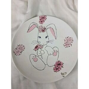 Hand Painted Rabbit Plate Easter Bunny Flowers 1970s Wall Decor Signed 10.5in